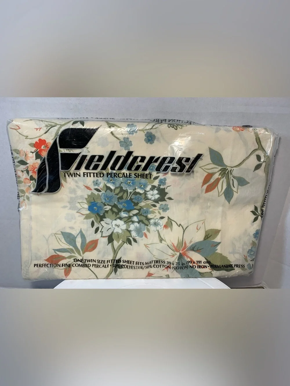 Fieldcrest Twin Fitted Percale Sheet Orange Blue Green Floral Print. 3935U